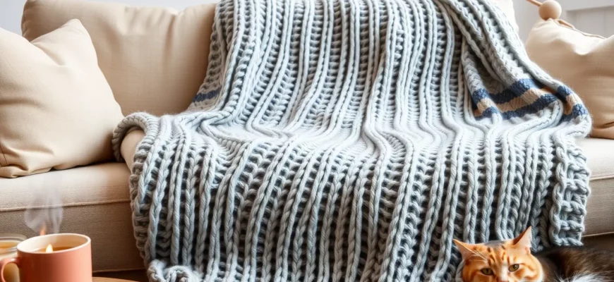 A cozy, high‑quality knitted weighted blanket draped over a comfortable sofa in a softly lit living room, showcasing the thick, textured yarn and subtle stitching details; a steaming mug of tea and a relaxed cat lie nearby, emphasizing comfort and warmth without any text or logos