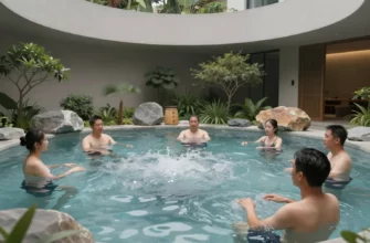 A serene and modern cold plunge temple with a large, inviting pool of icy water surrounded by lush greenery and natural stone elements. People are seen enjoying the cold plunge, their faces showing a mix of determination and relaxation. The temple has a minimalist design with clean lines and a calming atmosphere, emphasizing the benefits of cold therapy.