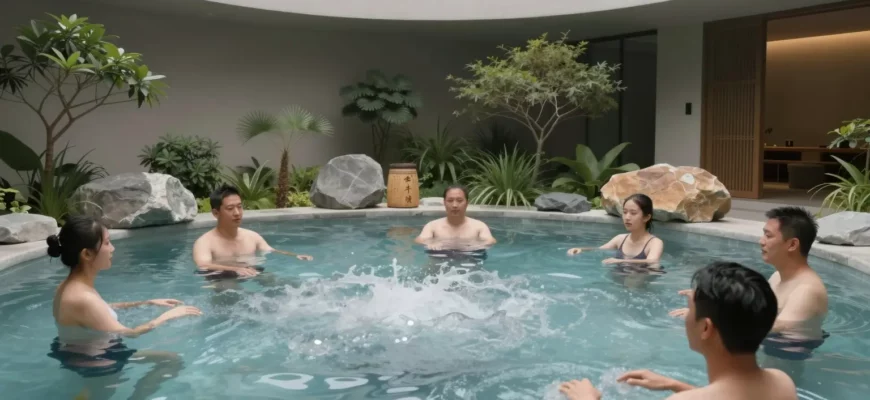 A serene and modern cold plunge temple with a large, inviting pool of icy water surrounded by lush greenery and natural stone elements. People are seen enjoying the cold plunge, their faces showing a mix of determination and relaxation. The temple has a minimalist design with clean lines and a calming atmosphere, emphasizing the benefits of cold therapy.