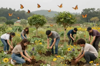 A vibrant, hopeful scene showing a diverse group of people planting native trees and wildflowers in a lush, rewilded landscape, with wildlife like birds and butterflies thriving, symbolizing the return to nature and ecological restoration
