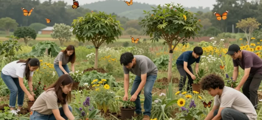 A vibrant, hopeful scene showing a diverse group of people planting native trees and wildflowers in a lush, rewilded landscape, with wildlife like birds and butterflies thriving, symbolizing the return to nature and ecological restoration