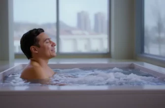 A vibrant, full-body photograph of a person enjoying a cold plunge in a sleek, modern ice bath. The person is smiling and appears refreshed. The ice bath is surrounded by a minimalist, clean-lined room with large windows showing a snowy Montreal cityscape. Focus on the contrast between the cold water and the warm, inviting atmosphere.