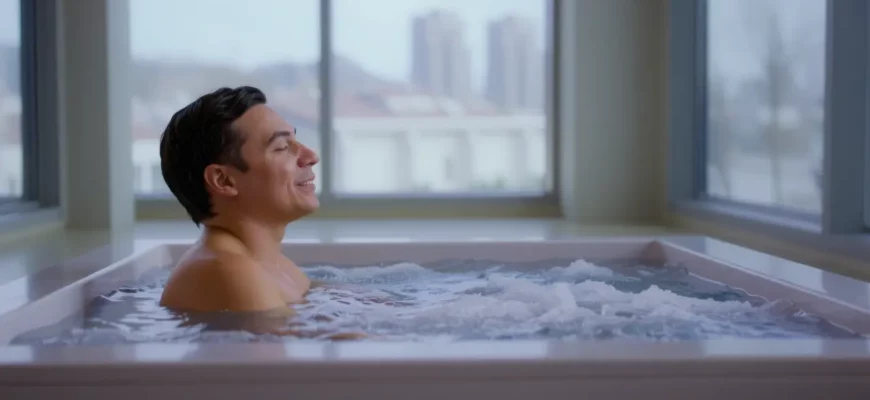 A vibrant, full-body photograph of a person enjoying a cold plunge in a sleek, modern ice bath. The person is smiling and appears refreshed. The ice bath is surrounded by a minimalist, clean-lined room with large windows showing a snowy Montreal cityscape. Focus on the contrast between the cold water and the warm, inviting atmosphere.