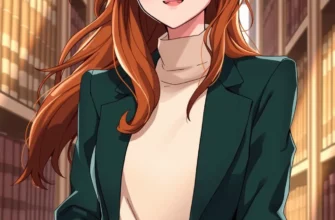 A detailed illustration of a young woman with long, flowing auburn hair, wearing a stylish, slightly oversized, dark green blazer and a cream-colored turtleneck sweater. She is standing in a sunlit library, surrounded by tall bookshelves filled with leather-bound books. The background should be softly blurred to emphasize the woman.