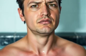 A person experiencing a cold plunge, with a focus on the physiological effects – shivering, flushed skin, and a look of intense concentration or slight discomfort. The background should be a minimalist, cool-toned environment suggesting a cold pool or spa.
