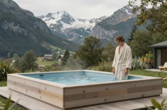 A serene outdoor scene featuring a modern Nordic-style cold plunge pool surrounded by lush greenery and snow-capped mountains in the background. The pool is made of smooth, light-colored wood and has a minimalist design. A person is seen standing near the pool, preparing to take a cold plunge, dressed in a warm, cozy robe. The atmosphere is calm and inviting, with soft natural light illuminating the scene.