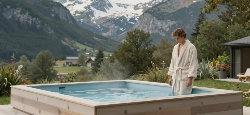 A serene outdoor scene featuring a modern Nordic-style cold plunge pool surrounded by lush greenery and snow-capped mountains in the background. The pool is made of smooth, light-colored wood and has a minimalist design. A person is seen standing near the pool, preparing to take a cold plunge, dressed in a warm, cozy robe. The atmosphere is calm and inviting, with soft natural light illuminating the scene.