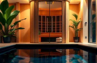 A vibrant, eye-level photograph showcasing a modern infrared sauna and a sleek cold plunge pool in a luxurious spa setting. The sauna should be made of light-colored wood with glass doors, and the pool should be a dark, inviting color. Lush green plants and soft lighting should create a relaxing atmosphere. Include subtle reflections of the sauna and pool in the water.