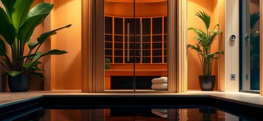 A vibrant, eye-level photograph showcasing a modern infrared sauna and a sleek cold plunge pool in a luxurious spa setting. The sauna should be made of light-colored wood with glass doors, and the pool should be a dark, inviting color. Lush green plants and soft lighting should create a relaxing atmosphere. Include subtle reflections of the sauna and pool in the water.
