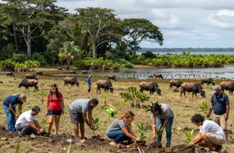 A vibrant, panoramic scene showing a global rewilding effort: lush forests regrowing with young trees, a restored wetland teeming with birds and amphibians, a savanna with roaming herbivores, and a coastal mangrove protecting a shoreline. In the foreground, diverse groups of people—scientists, indigenous community members, and volunteers—are planting seedlings and monitoring wildlife, symbolizing international collaboration. The composition should convey hope and the interconnectedness of ecosys