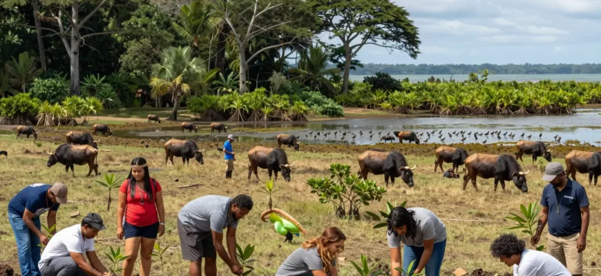 A vibrant, panoramic scene showing a global rewilding effort: lush forests regrowing with young trees, a restored wetland teeming with birds and amphibians, a savanna with roaming herbivores, and a coastal mangrove protecting a shoreline. In the foreground, diverse groups of people—scientists, indigenous community members, and volunteers—are planting seedlings and monitoring wildlife, symbolizing international collaboration. The composition should convey hope and the interconnectedness of ecosys
