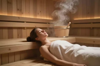 A serene and inviting indoor sauna scene. Focus on the wooden interior, soft lighting, and a person relaxing on a wooden bench with steam gently rising. Include a small bucket and ladle. The overall mood should be peaceful and rejuvenating.