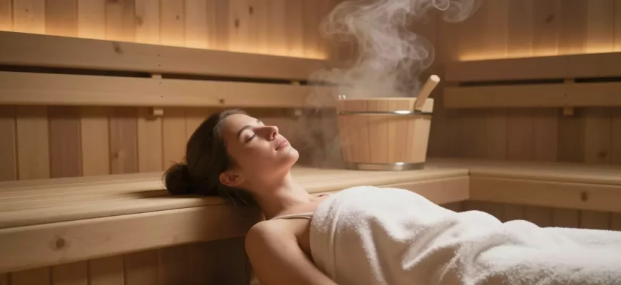 A serene and inviting indoor sauna scene. Focus on the wooden interior, soft lighting, and a person relaxing on a wooden bench with steam gently rising. Include a small bucket and ladle. The overall mood should be peaceful and rejuvenating.