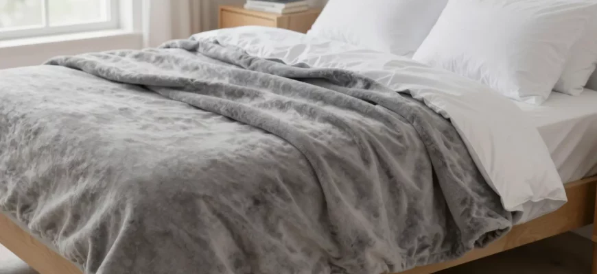 A cozy bedroom scene featuring a neatly made bed with a plush, gray weighted blanket draped over it, soft natural lighting from a nearby window, a small nightstand with a plant and a book, and a subtle hint of a Walmart shopping bag partially visible on the floor, without any visible logos or text.