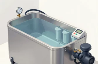 A detailed illustration of a cold plunge tank with all its components, including the tank itself, a filtration system, a pump, a control panel, and a thermometer. The tank should be made of stainless steel and have a clear viewing window. The filtration system should be visible, showing filters and tubing. The pump should be a submersible pump. The control panel should have buttons and a display. The thermometer should be placed near the tank opening. The background should be a clean, well-lit l