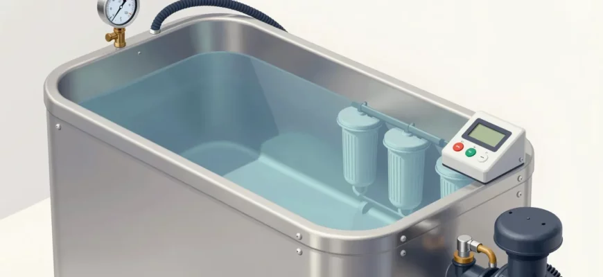 A detailed illustration of a cold plunge tank with all its components, including the tank itself, a filtration system, a pump, a control panel, and a thermometer. The tank should be made of stainless steel and have a clear viewing window. The filtration system should be visible, showing filters and tubing. The pump should be a submersible pump. The control panel should have buttons and a display. The thermometer should be placed near the tank opening. The background should be a clean, well-lit l
