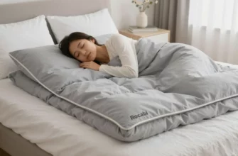 A serene bedroom scene featuring a person peacefully resting under a Rocabi weighted blanket, emphasizing comfort and relaxation, with soft lighting and a calm atmosphere