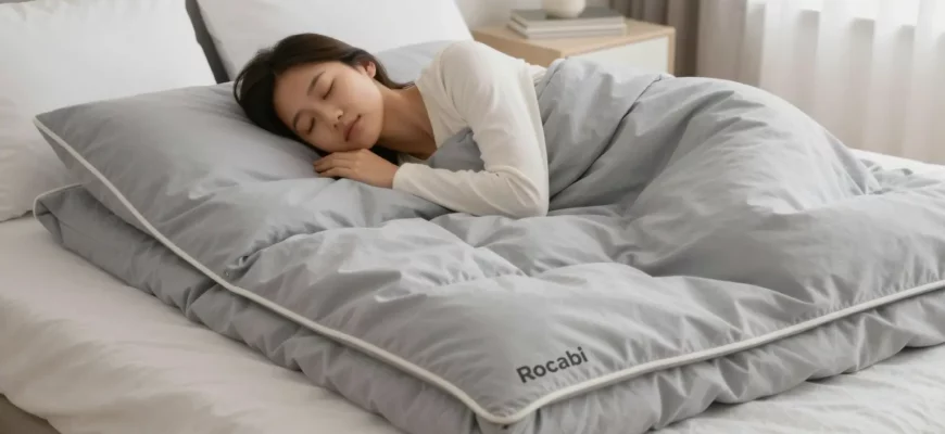 A serene bedroom scene featuring a person peacefully resting under a Rocabi weighted blanket, emphasizing comfort and relaxation, with soft lighting and a calm atmosphere