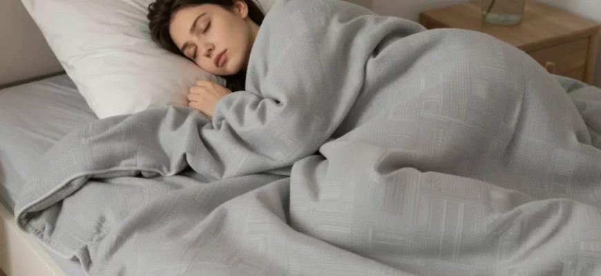 A serene bedroom scene featuring a person peacefully sleeping under a large, textured weighted blanket with subtle geometric patterns, soft ambient lighting, and a calm atmosphere emphasizing deep relaxation