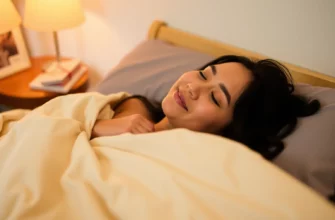 A person lying on a bed covered with a weighted blanket, looking relaxed and calm. The room is softly lit with warm tones, creating a cozy and peaceful atmosphere. The person's facial expression shows relief and tranquility, emphasizing the stress-relieving effect of the weighted blanket.