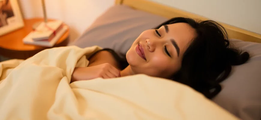 A person lying on a bed covered with a weighted blanket, looking relaxed and calm. The room is softly lit with warm tones, creating a cozy and peaceful atmosphere. The person's facial expression shows relief and tranquility, emphasizing the stress-relieving effect of the weighted blanket.