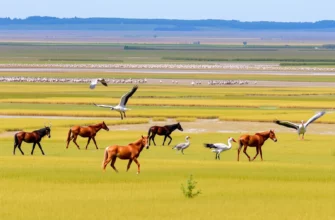 A wide, panoramic view of Oostvaardersplassen after extensive rewilding. Show diverse wildlife: grazing horses, large red deer, and various bird species (e.g., geese, ducks, herons) roaming a vast, open landscape with reeds and wetlands. Focus on the natural beauty and ecological recovery of the area.