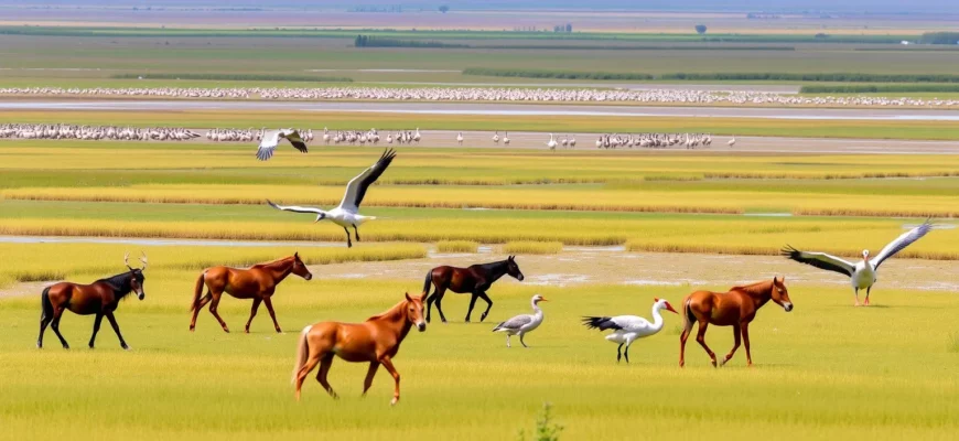 A wide, panoramic view of Oostvaardersplassen after extensive rewilding. Show diverse wildlife: grazing horses, large red deer, and various bird species (e.g., geese, ducks, herons) roaming a vast, open landscape with reeds and wetlands. Focus on the natural beauty and ecological recovery of the area.