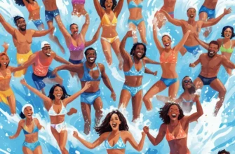 A vibrant and eye-catching digital illustration depicting a diverse group of people joyfully participating in a cold plunge. They are wearing various swimwear and are shown in a refreshing, energetic pose, with water splashing around them. The background features a stylized depiction of a modern spa or wellness center with cool blue and white tones.