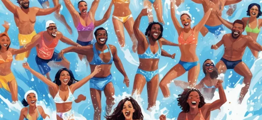 A vibrant and eye-catching digital illustration depicting a diverse group of people joyfully participating in a cold plunge. They are wearing various swimwear and are shown in a refreshing, energetic pose, with water splashing around them. The background features a stylized depiction of a modern spa or wellness center with cool blue and white tones.