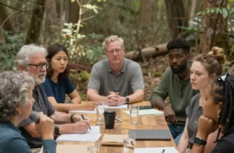 A diverse group of people, representing different ages and ethnicities, are gathered around a table in a sunlit forest clearing. They are listening attentively to a person speaking into a microphone. The scene evokes a sense of community, learning, and connection with nature. Focus on natural light and warm colors.
