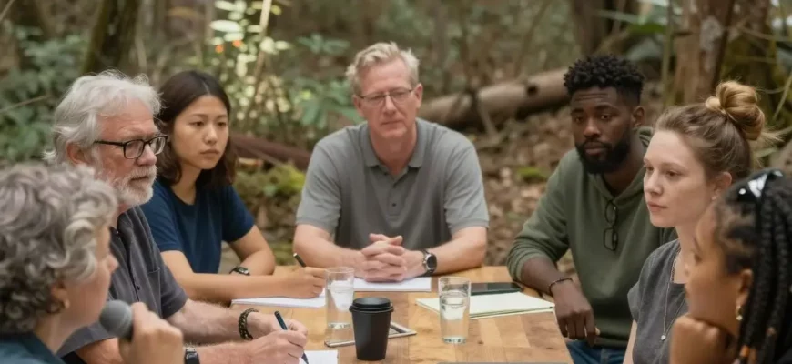 A diverse group of people, representing different ages and ethnicities, are gathered around a table in a sunlit forest clearing. They are listening attentively to a person speaking into a microphone. The scene evokes a sense of community, learning, and connection with nature. Focus on natural light and warm colors.