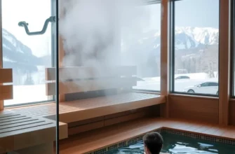 A person relaxing in a modern sauna with wooden benches and glass walls, steam gently rising. Outside the sauna, a person is preparing for a cold plunge in a clear, outdoor pool with snow-covered mountains in the background. Focus on the contrast between warmth and cold, relaxation and rejuvenation.