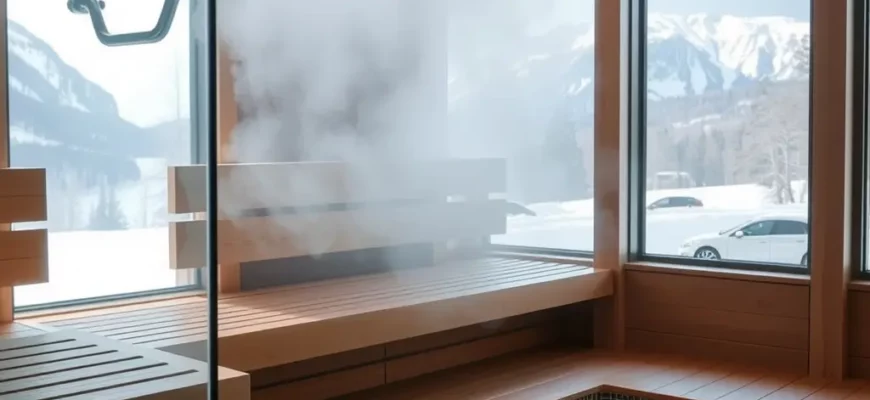 A person relaxing in a modern sauna with wooden benches and glass walls, steam gently rising. Outside the sauna, a person is preparing for a cold plunge in a clear, outdoor pool with snow-covered mountains in the background. Focus on the contrast between warmth and cold, relaxation and rejuvenation.