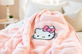A cozy, inviting bedroom scene featuring a Hello Kitty weighted blanket draped over a comfortable bed. Soft lighting, plush pillows, and a calming color palette (pastel pinks, creams, and light blues). Focus on the texture of the blanket and the overall feeling of relaxation.