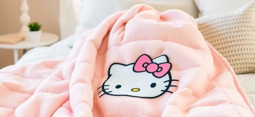 A cozy, inviting bedroom scene featuring a Hello Kitty weighted blanket draped over a comfortable bed. Soft lighting, plush pillows, and a calming color palette (pastel pinks, creams, and light blues). Focus on the texture of the blanket and the overall feeling of relaxation.