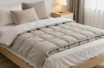 A cozy bedroom scene with a neatly made bed featuring a Pillowfort Weighted Blanket in a neutral color, such as gray or beige. The blanket should be folded at the foot of the bed, showcasing its texture and weight. The room should have soft lighting, a few decorative pillows, and a nightstand with a small lamp. The overall atmosphere should be calming and inviting, highlighting the comfort and relaxation associated with using a weighted blanket.