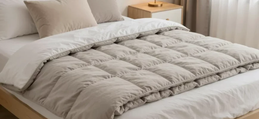 A cozy bedroom scene with a neatly made bed featuring a Pillowfort Weighted Blanket in a neutral color, such as gray or beige. The blanket should be folded at the foot of the bed, showcasing its texture and weight. The room should have soft lighting, a few decorative pillows, and a nightstand with a small lamp. The overall atmosphere should be calming and inviting, highlighting the comfort and relaxation associated with using a weighted blanket.