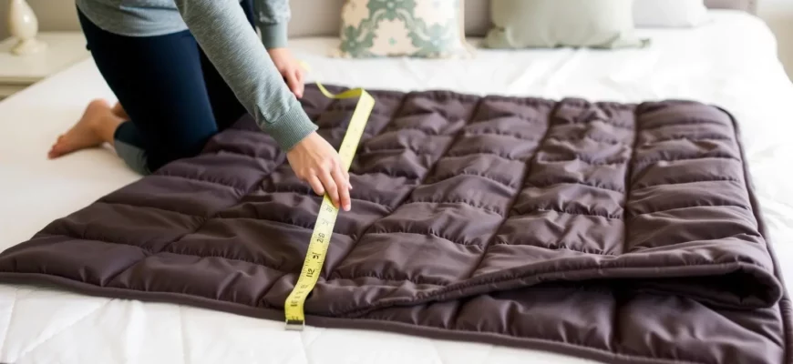 A person measuring a weighted blanket on a bed, holding a measuring tape, with the blanket neatly spread out. The scene should include a cozy bedroom setting with soft lighting, a comfortable mattress, and a few decorative pillows. The person should be focused on the task, ensuring the blanket is measured accurately for the perfect fit.