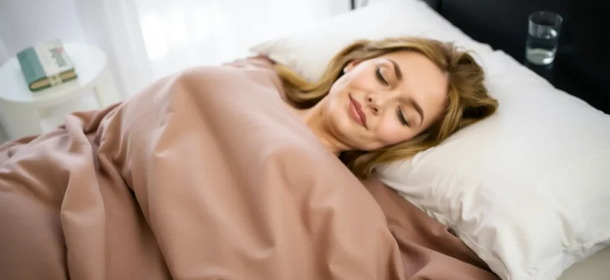 A person comfortably lying on a bed covered with a weighted blanket, looking relaxed and peaceful. The room is softly lit, with a focus on the blanket's texture and the person's serene expression. The background includes subtle elements like a bedside table with a book and a glass of water, suggesting a calming environment.
