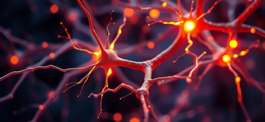 A microscopic view of neurons firing, with glowing synapses and electrical impulses. Focus on the intricate network of connections within the brain.
