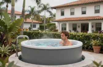 A serene outdoor scene in Coral Gables featuring a modern cold plunge therapy setup. The image should include a sleek, well-maintained cold plunge tub surrounded by lush greenery and tropical plants. A person is seen entering or exiting the tub, looking refreshed and invigorated. The background should showcase the vibrant, upscale neighborhood of Coral Gables with its iconic Mediterranean Revival architecture. The overall atmosphere should be calm and rejuvenating, emphasizing the benefits of co