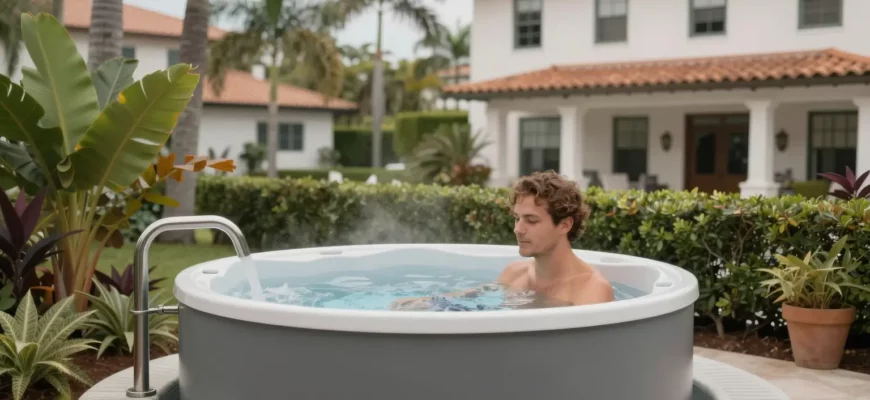 A serene outdoor scene in Coral Gables featuring a modern cold plunge therapy setup. The image should include a sleek, well-maintained cold plunge tub surrounded by lush greenery and tropical plants. A person is seen entering or exiting the tub, looking refreshed and invigorated. The background should showcase the vibrant, upscale neighborhood of Coral Gables with its iconic Mediterranean Revival architecture. The overall atmosphere should be calm and rejuvenating, emphasizing the benefits of co