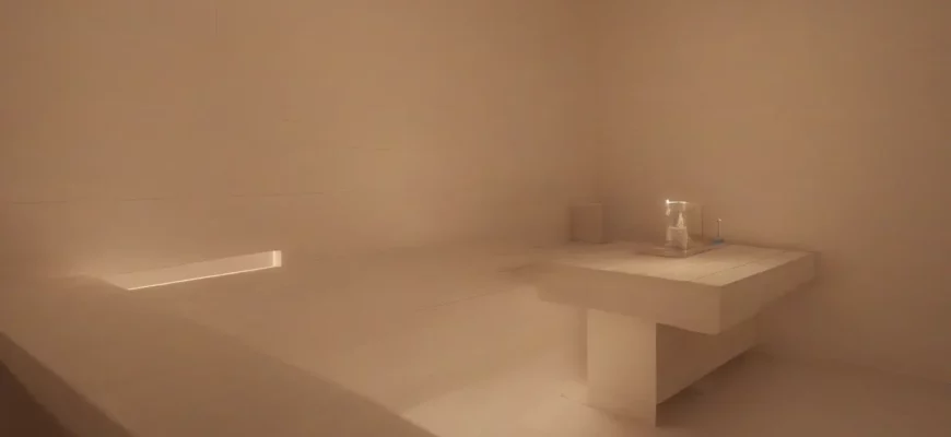 A serene and minimalist depiction of a modern sauna interior with a person relaxing on a wooden bench. Soft, warm lighting illuminates the scene, highlighting the natural wood textures. A glass door reveals a glimpse of a cold plunge pool with shimmering water. Focus on tranquility and wellness.
