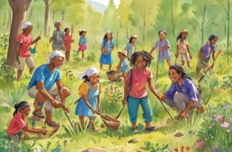 A vibrant illustration depicting a diverse group of people of different ages and ethnicities participating in a local rewilding project. They are planting trees, tending to a small wildlife enclosure, and observing native plants. The scene should convey a sense of community, environmental stewardship, and connection with nature. Focus on natural light and a hopeful atmosphere.