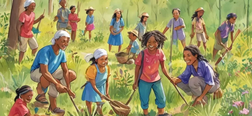 A vibrant illustration depicting a diverse group of people of different ages and ethnicities participating in a local rewilding project. They are planting trees, tending to a small wildlife enclosure, and observing native plants. The scene should convey a sense of community, environmental stewardship, and connection with nature. Focus on natural light and a hopeful atmosphere.
