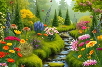 A vibrant garden scene depicting the rewilding process. Include native wildflowers in bloom, a small stream with mossy rocks, a variety of trees and shrubs, and diverse wildlife such as butterflies, bees, birds, and small mammals. The scene should convey a sense of natural abundance and ecological restoration.