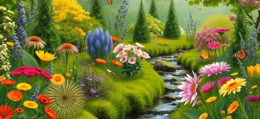 A vibrant garden scene depicting the rewilding process. Include native wildflowers in bloom, a small stream with mossy rocks, a variety of trees and shrubs, and diverse wildlife such as butterflies, bees, birds, and small mammals. The scene should convey a sense of natural abundance and ecological restoration.