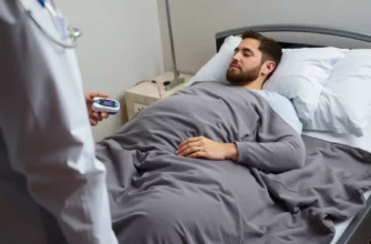 A person lying comfortably on a bed covered with a weighted blanket, with a medical professional standing nearby observing the person's circulation using a pulse oximeter. The scene should be calm and reassuring, with soft lighting and a neutral background.