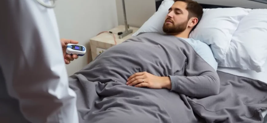 A person lying comfortably on a bed covered with a weighted blanket, with a medical professional standing nearby observing the person's circulation using a pulse oximeter. The scene should be calm and reassuring, with soft lighting and a neutral background.