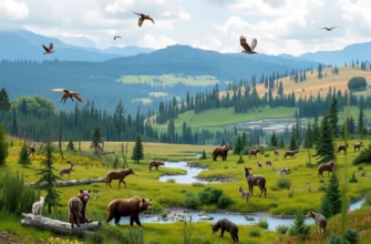 A vibrant and lush landscape showcasing the process of rewilding, with diverse flora and fauna thriving in a restored ecosystem. The scene should include various animals such as wolves, bears, and birds, interacting naturally in their habitat. The background should feature a mix of forests, meadows, and wetlands, highlighting the biodiversity and the beauty of a rewilded environment.